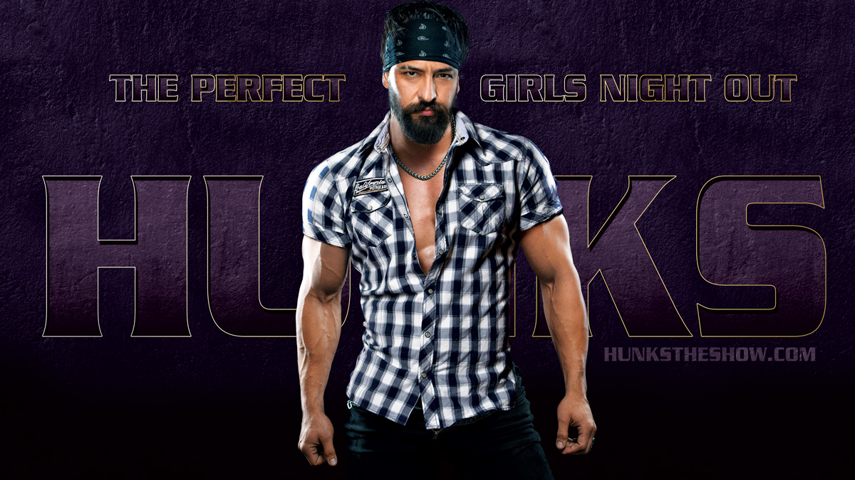 Hunks The Show Wallpaper Design with Fit Male Hunk Purple Wall Background The Perfect Girls Night Out Slogan and Hunks Logo as a cut relief indented depression with gold Outline lettering