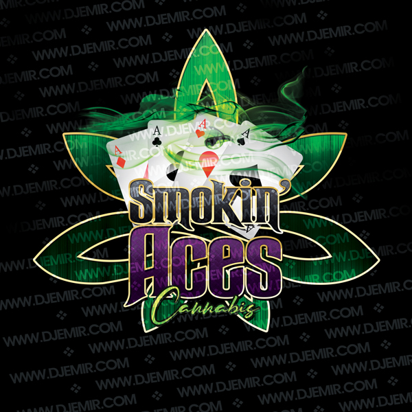 Smokin' Aces Cannabis Dispensary Logo design With Green With Gold Trim Abstract Marijuana Leaf Green Smoke 4 Aces Playing Cards Black Purple with Gold edge Lettering