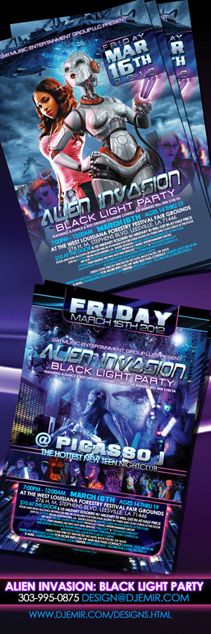 Amazing Flyer Designs: Alien Invasion Black Light Party Flyer Design LA