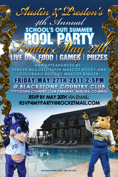 School's Out Pool Party Flyer Design Blackstone Country Club featring Team Mascots Dingerof Colorado Rockies and Rocky of Denver Nuggets Back
