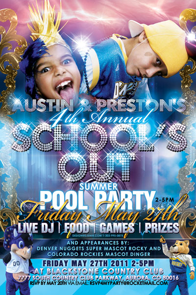 School's Out Pool Party Flyer Design Blackstone Country Club featring Team Mascots Dingerof Colorado Rockies and Rocky of Denver Nuggets
