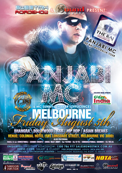 Flyer Design Punjabi MC Melbourne Australia August 5th 2011 Colonial Hotel