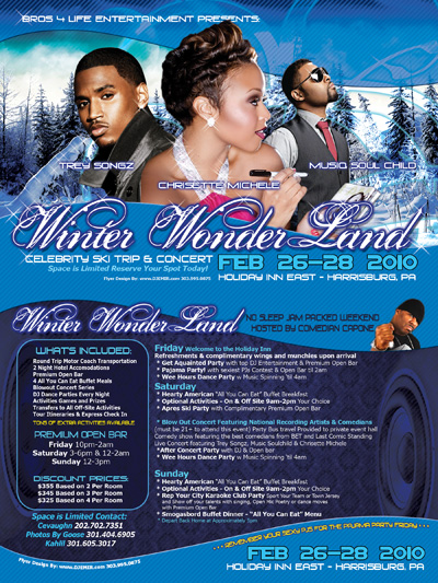 Winter Wonderland Ski Trip and Concert Flyer design feat Trey Songz Musiq Soulchild Chrisette Michele front and back design